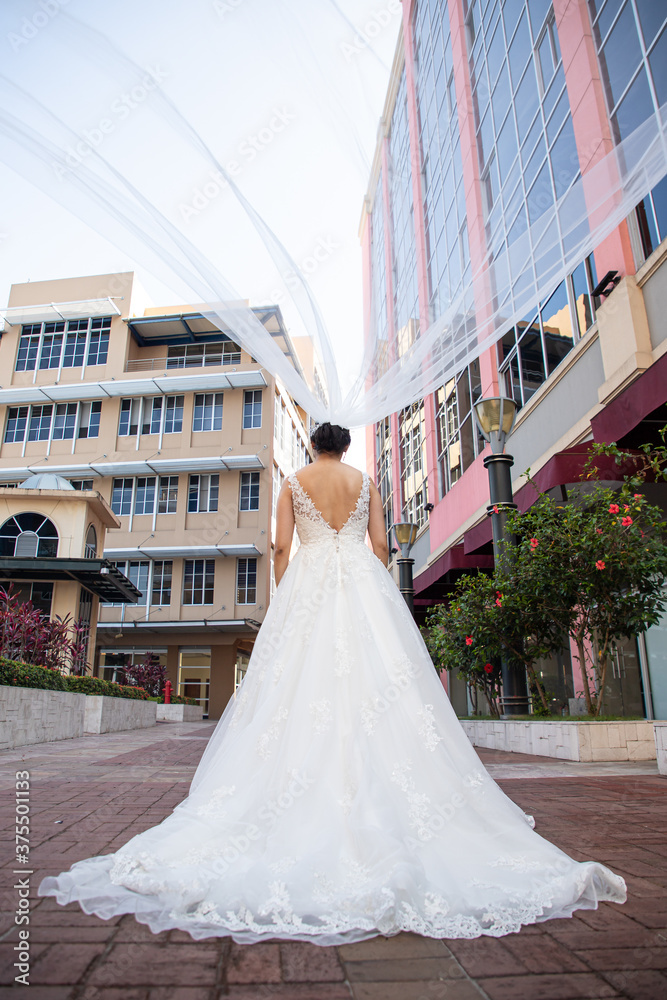 Fototapeta premium Latino Bride elegant open back sleeveless wedding dress with veil moving with wind