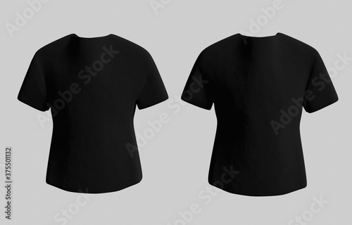 Blank black t-shirt, front and back view, isolated white background. Design men t shirt template and mock-up for print. 3D Rendering