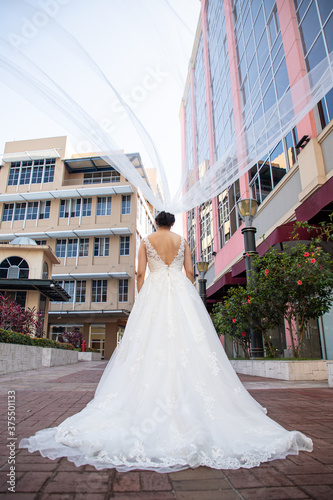 Latino Bride elegant open back sleeveless wedding dress with veil moving with wind