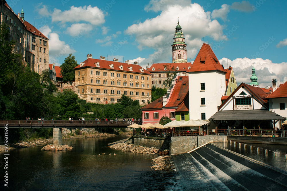 View on buildings and river in Krumlov, Czech Republic.