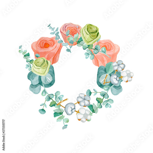Roses eucalyptus cotton wreath fashionable floristry clipart frame for text wedding invitation
