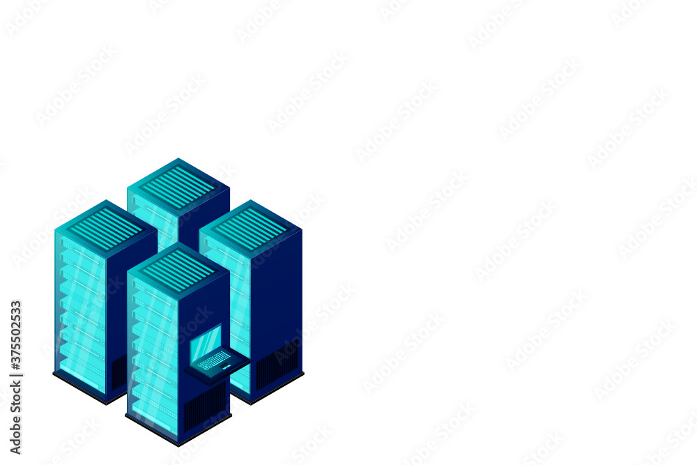 Data center or storage concept based isometric design with local servers connected to cloud servers and laptop on shiny blue background.