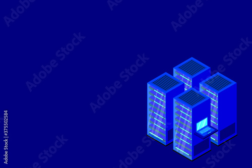 Data center or storage concept based isometric design with local servers connected to cloud servers and laptop on shiny blue background.