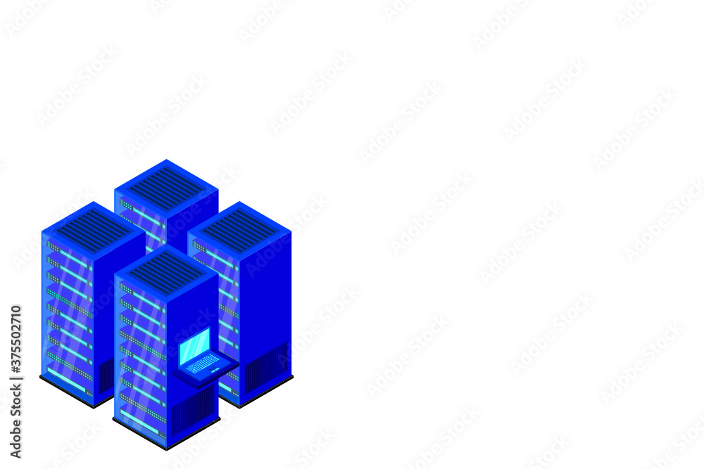 Data center or storage concept based isometric design with local servers connected to cloud servers and laptop on shiny blue background. Data center or storage concept based isometric design with local servers connected to cloud servers and laptop on shiny blue background.