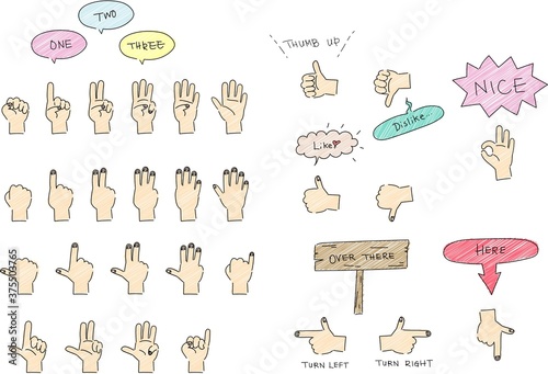 ハンドサイン　クレヨンで塗った手描き風の手のイラストセット