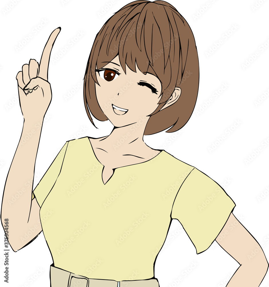 指をさす元気な可愛い女性のイラスト