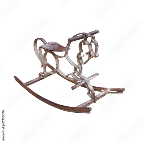 Curved steel rocking horse in horse shape isolated on white background with clipping path included.