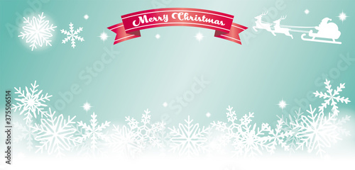  グリーンの輝く雪の結晶とサンタのクリスマスヘッダー背景イラスト
