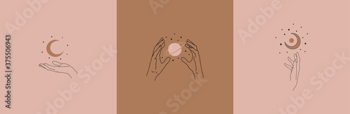 Set of logos of female hands, linear drawing. Vector design templates with different hand gestures, moon, crescent, stars and planet. For cosmetics, beauty, tattoo, astrology, manicure, jewelry store.