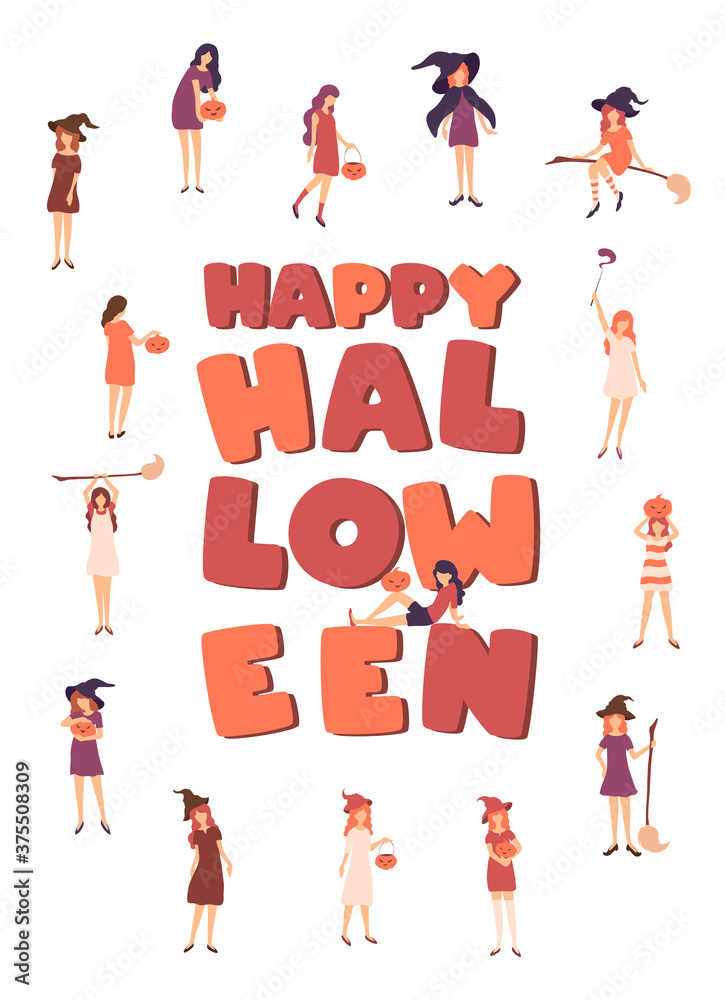 Happy Halloween vector illustration with colorful lettering and young people in witch costumes. Halloween design for poster, banner, party invitation, greeting card