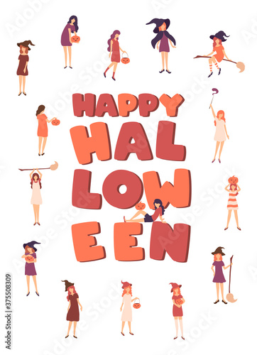 Happy Halloween vector illustration with colorful lettering and young people in witch costumes. Halloween design for poster  banner  party invitation  greeting card