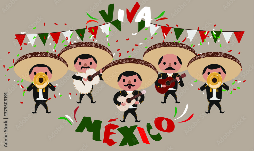 Fototapeta premium Mariachis playing at independence day party and text in spanish: Long live Mexico