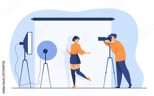 Professional photographer taking pictures of young woman. Female model posing for camera against white backdrop among studio light. Vector illustration for photo shooting, photography concept