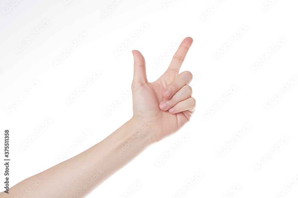 the hand of a woman with her thumb and index finger open. the hand of a woman with her thumb and index finger open.