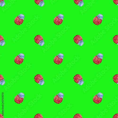 Seamless pattern with berry jam on a bright green background. Can be used for cards, wrapping paper. The work is done in watercolor.