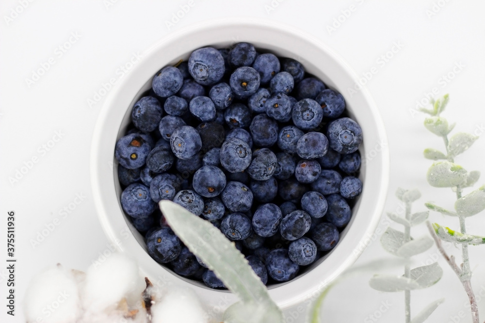 Delicious blueberry in a porcelain bowl on a white background Delicious blueberry in a porcelain bowl on a white background