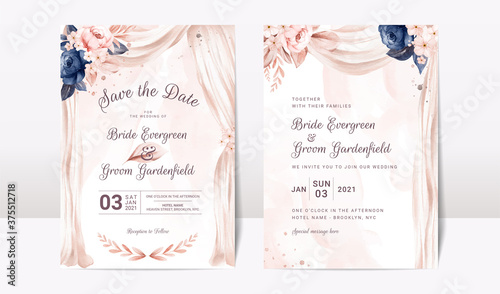 Wedding invitation template set with watercolor arch and floral roses and leaves decoration. Elegant card design concept