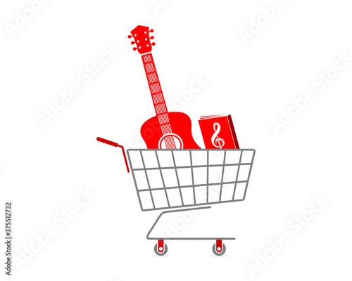 Shopping cart with guitar and music book inside