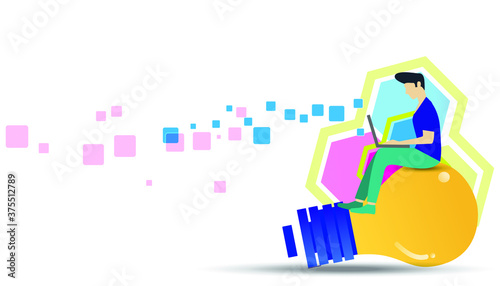 Business Man use laptop  think analyze creative work  with
Light bulb ,flat design illustration Creativity modern Idea and Concept Vector Infographic template.