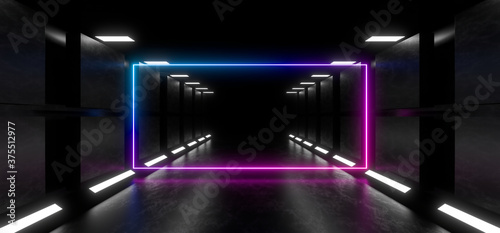 Fototapeta Naklejka Na Ścianę i Meble -  A dark corridor lit by colorful neon lights. Reflections on the floor and walls. 3d rendering image.
