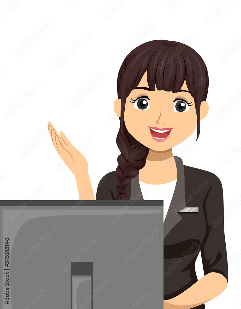 Teen Girl Receptionist Computer Illustration