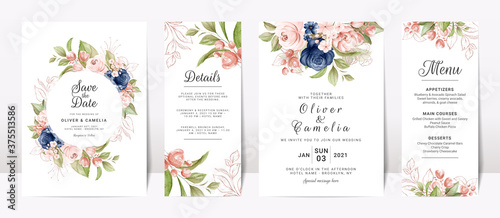 Floral wedding invitation template set with navy and peach watercolor roses and leaves decoration. Botanic card design concept