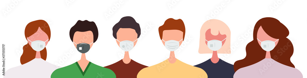 Different people wearing face masks isolated on white background. Man and women in respirators. Protection from coronavirus outbreak, pandemic prevention. Vector illustration in flat cartoon style Different people wearing face masks isolated on white background. Man and women in respirators. Protection from coronavirus outbreak, pandemic prevention. Vector illustration in flat cartoon style