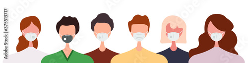 Different people wearing face masks isolated on white background. Man and women in respirators. Protection from coronavirus outbreak, pandemic prevention. Vector illustration in flat cartoon style