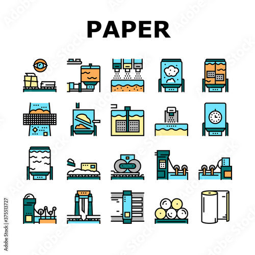 Paper Production Plant Collection Icons Set Vector. Wood Chips And Chemical Recovery, Evaporator And Pulp Washing, Bleaching And Paper Make System Color Contour Illustrations