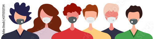 Different people wearing face masks isolated on white background. Man and women in respirators. Protection from coronavirus outbreak, pandemic prevention. Vector illustration in flat cartoon style