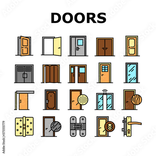 Interior Doors Types Collection Icons Set Vector. Swing, Sliding And Folding Doors, Veneer And Medium Density Fibreboard, Wooden And Metal Material Color Contour Illustrations