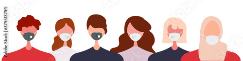 Different people wearing face masks isolated on white background. Man and women in respirators. Protection from coronavirus outbreak, pandemic prevention. Vector illustration in flat cartoon style