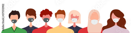 Different people wearing face masks isolated on white background. Man and women in respirators. Protection from coronavirus outbreak, pandemic prevention. Vector illustration in flat cartoon style