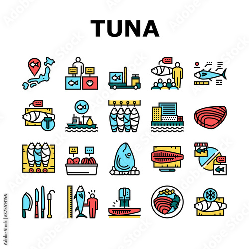 Tuna Auction Tsukiji Market Collection Icons Set Vector. Tuna Fishing And Delivery, Fish Meat And Fillet, Fisherman And Seller, Sale And Buy Color Contour Illustrations