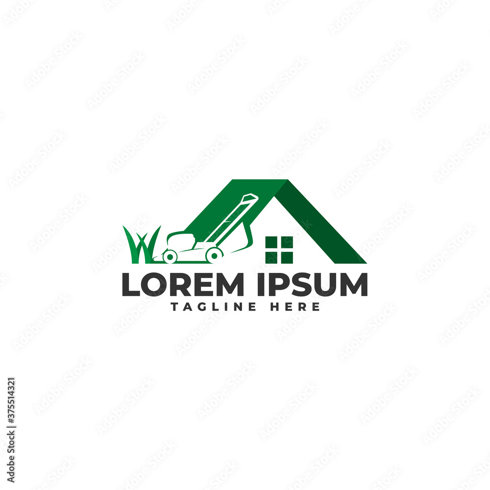 Lawn mower and roof house for service logo design Lawn mower and roof house for service logo design