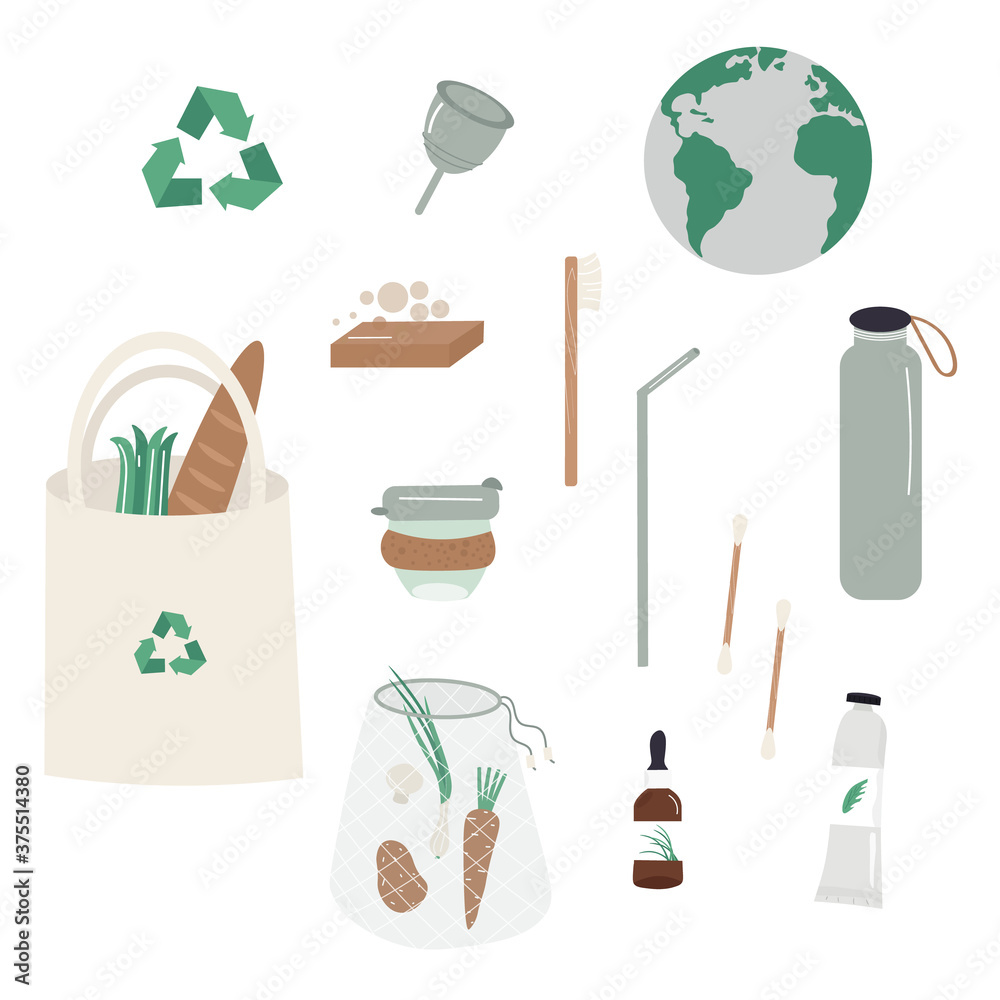 Vector flat zero waste concept in cartoon style. Set of lifestyle items zero waste on white background. Reusable things, recycling sign, green products and cosmetics. Nice vector flat illustration.