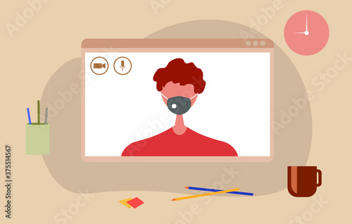 Young human character using a video call interface, remote online meeting, social distancing, working from home vector design