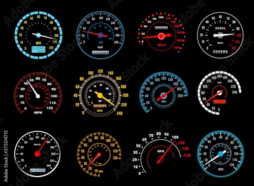Car speedometer vector icons of dashboard speed meters. Gauges of auto motor vehicle instrument panel with glowing speedo dials, electronic and mechanical odometers, speed measure instruments design