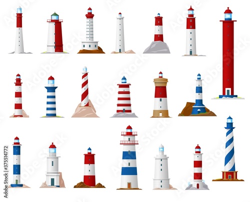 Sea lighthouse and beacon tower isolated vector icons. Nautical navigation ocean coast light houses with searchlight beams, blue, red and white stripes, coastal building architecture design photo