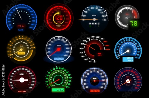Speedometers, speed indicator vector dashboard dial scales for auto. Vehicle board realistic interface, speed accelerate, transportation technology. Isolated car speedometers with km digits and arrows photo