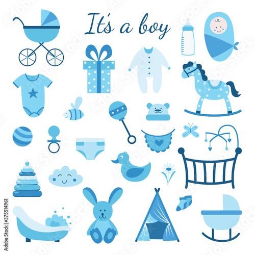 It is a boy - set of blue toys and gifts for baby shower or gender reveal.
