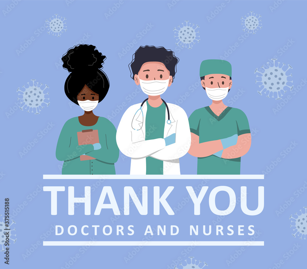 Thank you to the doctors and nurses for their help and saved lives. Set of portraits of male and female medical workers. Thank you heroes, vector illustration. Coronavirus epidemic concept.