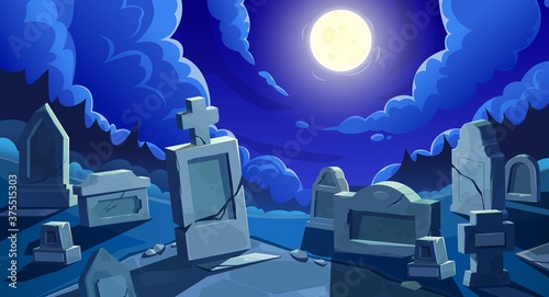 Obraz na płótnie Cemetery at night with full moon, vector graveyard with tombstones and cracked stone crosses