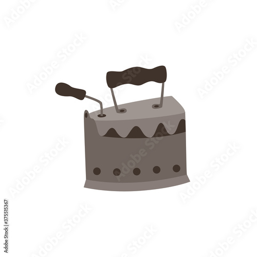 Vintage cast iron tool for clothing ironing, flat vector illustration isolated.