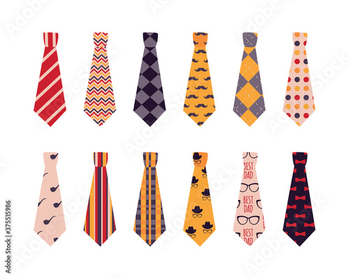 Set of male ties with patterns template, flat vector illustration isolated.