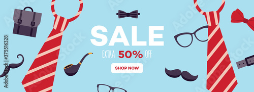 Father day sale banner concept with male fashion objects.