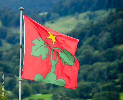 Fluttering flag Wartau commune in Switzerland on Alpine mountains background photo