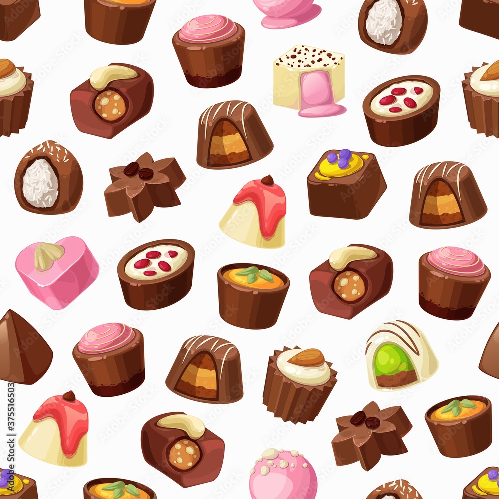 Chocolate candies, truffles and praline seamless pattern. Vector background of sweet food and chocolate desserts, caramel, nuts and coconut, coffee, milk cream and nougat, confectionery backdrop