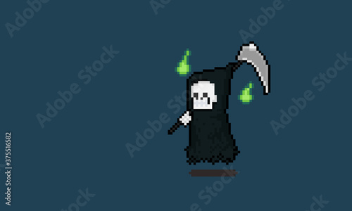 Pixel art cartoon reaper character with two green spirit.