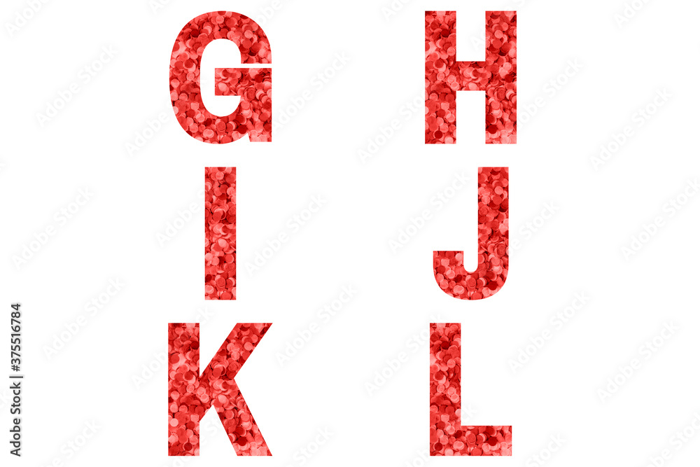Confetti font Alphabet g, h, i, j, k, l made of red confetti background. Confetti font Alphabet g, h, i, j, k, l made of red confetti background.
